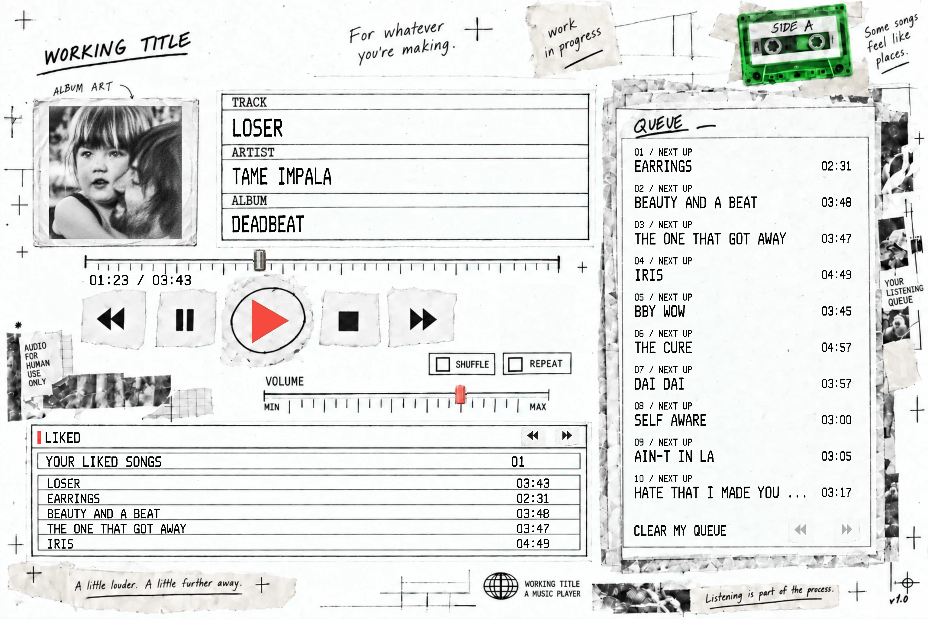 Working Title music player showing Loser by Tame Impala, with a sample library and queue of public chart songs.