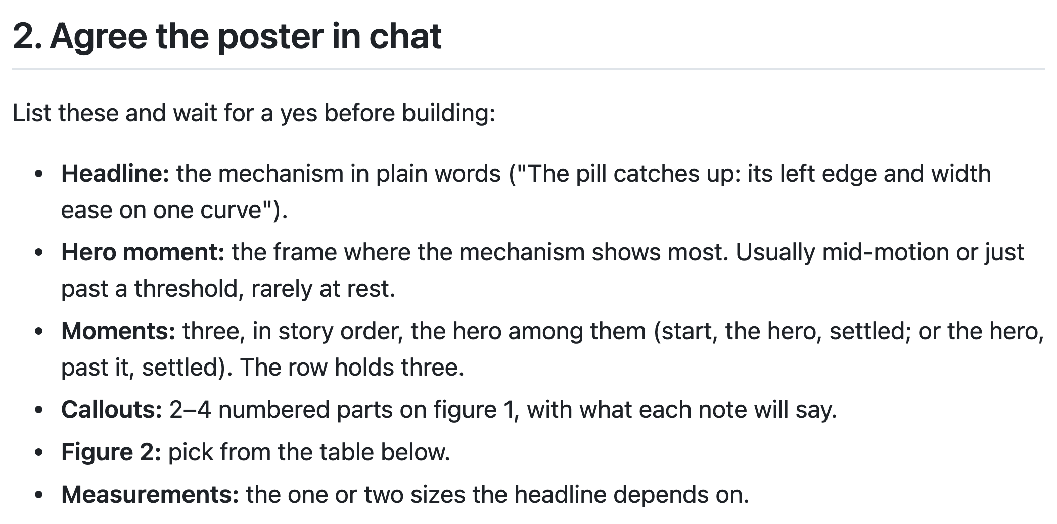 Step 2 of the instructions, agree the poster in chat: the headline, hero moment, moments, callouts, figure 2 and measurements.