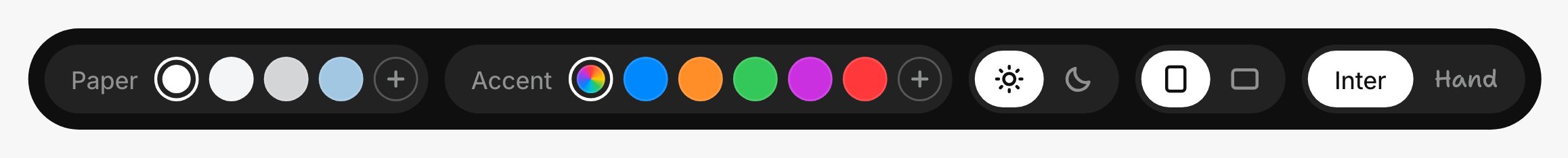The toolbar: paper, accent, light or dark, portrait or landscape, and type.